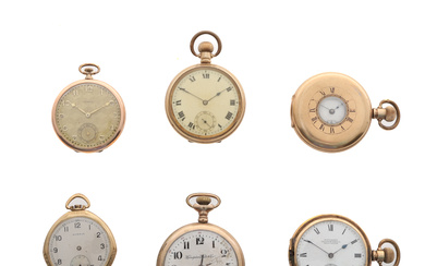 A COLLECTION OF SIX ROLLED GOLD POCKET WATCHES, LATE 19TH/EARLY 20TH CENTURY.