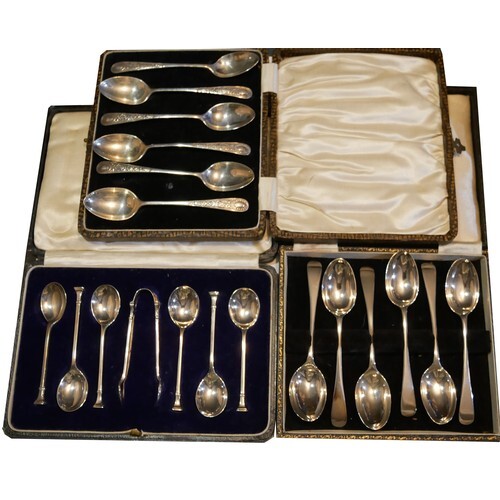 A COLLECTION OF THREE SETS OF VICTORIAN AND LATER SILVER TE...