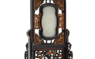 A Chinese Carved Hardwood Table Screen with Hardstone