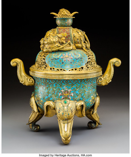A Chinese Cloisonné Enameled and Cabochon-Mounted Gilt Bronze Censer with Elephant-Form Finial and Feet
