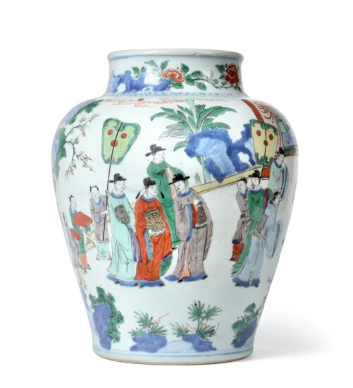 A Chinese Wucai Porcelain Baluster Jar, mid 17th century, painted with dignitaries and...