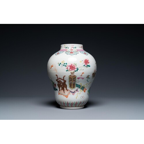 A Chinese famille rose 'antiquities' vase, QianlongDescripti...