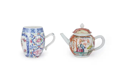 A Chinese famille rose export 'Mandarin pattern' teapot and a Chinese blue...