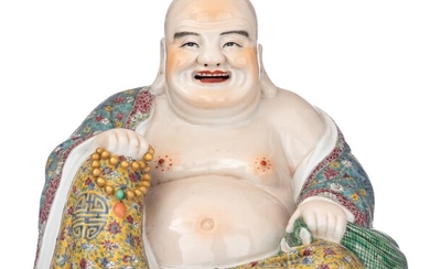 A Chinese famille rose smiling Budai, impressed seal mark, Republic period, H 21,5 cm