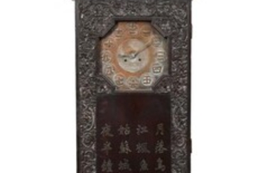 A Chinese lacquered wood 'dragon' longcase clock, early 20th century, with waisted lotus stand inset with a longcase carved to the front with a border of dragons among clouds enclosing an inscribed poem by Tang dynasty poet Zhang Ji, below the...