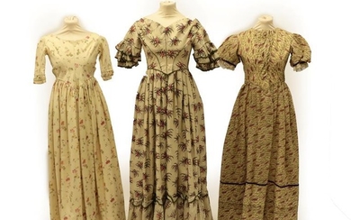 A Circa 1840's Wool Dress, printed with large pink floral...