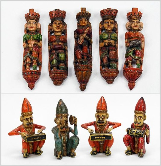 A Collection of Indian Polychrome Painted Carved Wood