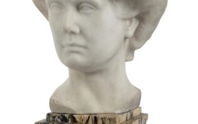 A Continental white marble bust of a young lady, early 20th century, unsigned, on a breche violette marble plinth, 55cm high overall Provenance: Sothebyâ€™s, 1986. The Geoffrey and Fay Elliot collection.