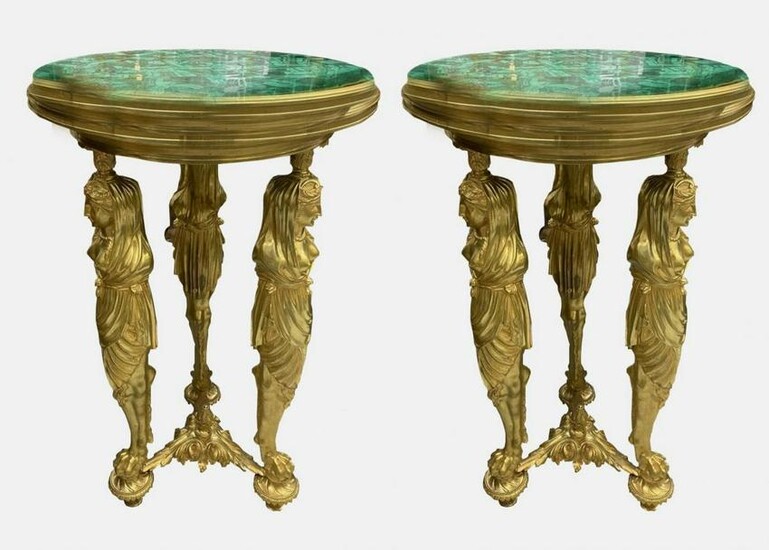 A FINE PAIR OF FIGURAL BRONZE AND MALACHITE SIDE TABLES