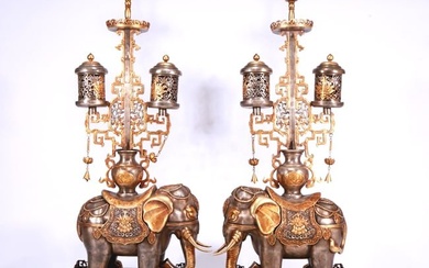 A Fabulous Pair Of Gilt-Bronze Silver Elephant-Form Candlesticks