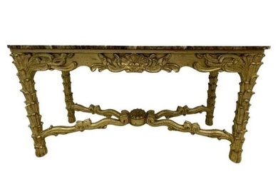 A Fleur de Lis Style Mid Century Modern Console or Sofa Table supporting a rounded front marble top.