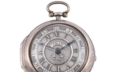 A GEORGE II SILVER PAIR-VASED VERGE POCKET WATCH WITH CHAMPLEVE DIAL