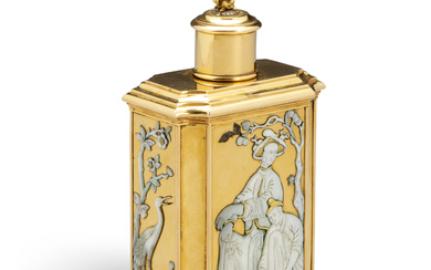 A GOLD AND MOTHER-OF-PEARL TOILET FLASK POSSIBLY GERMAN OR ENGLAND, CIRCA 1730; WITH LATER FRENCH CONTROL MARKS TWICE IN USE BETWEEN 1864-1893