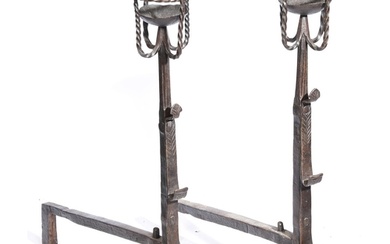 A GOOD PAIR OF 17TH CENTURY STYLE IRON CRESSET FIREDOGS. Eac...