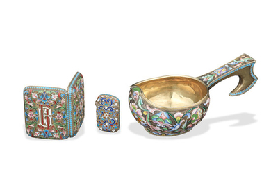 A Group of Three Russian silver gilt and enamel items