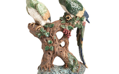 A JAPANESE STONEWARE FIGURE GROUP OF PARROTS