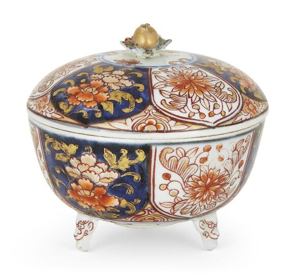 A Japanese Imari Porcelain Censer, 19th Century, decorated with peony and chrysanthemum, stood on three oni form feet, budding floral finial to lid, 13cm high