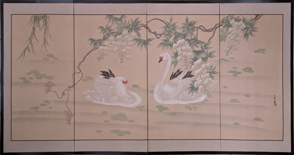 A Japanese Kano style painting on silk of Swans...