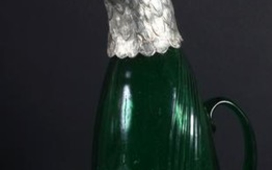 A LARGE 1950S SPANISH SILVER GREEN GLASS CLARET JUG. 37