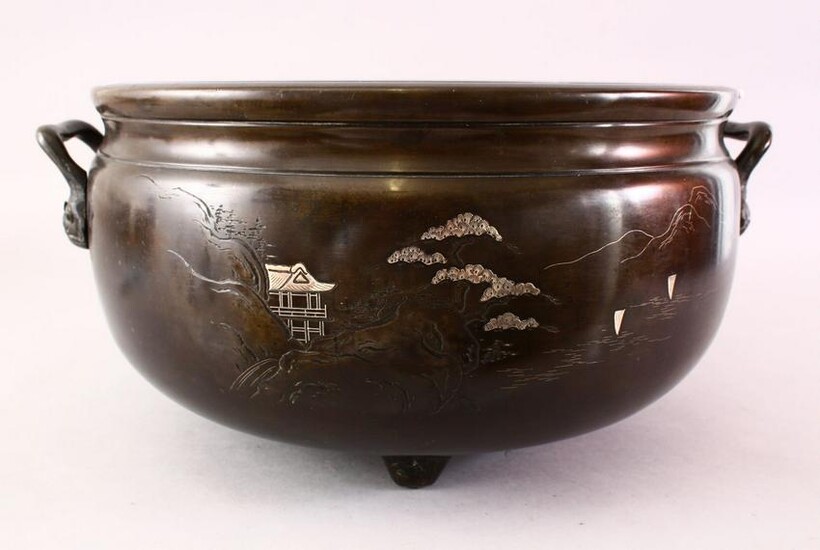 A LARGE CHINESE SILVER INLAID BRONZE CENSER, the front