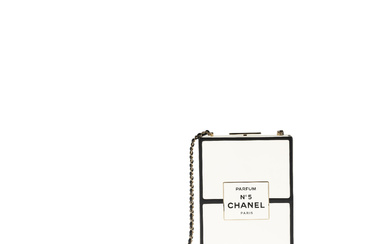 A LIMITED EDITION WHITE & BLACK LEATHER CHANEL NO. 5 PARFUM BOX CLUTCH CHANEL, SPRING/SUMMER 2021