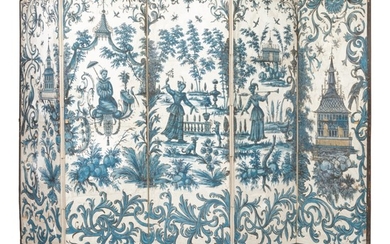 A LOUIS XV FIVE-FOLD BLUE AND WHITE CHINOISERIE WALLPAPER SCREEN, THE WALLPAPER 18TH CENTURY