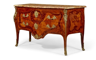 A LOUIS XV ORMOLU-MOUNTED, TULIPWOOD, KINGWOOD AND MARQUETRY COMMODE