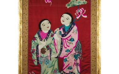 A Large Chinese Silk Embroidery of the Hehe Erxian Twins, Late Qing Dynasty