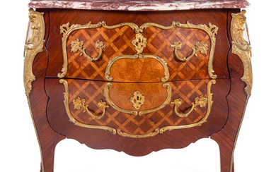 A Louis XV Style Gilt Bronze Mounted Parquetry Marble-Top Commode