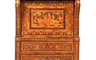 A NORTH ITALIAN WALNUT, FRUITWOOD, TULIPWOOD AND MARQUETRY SECRETAIRE-A-ABATTANT, MID-19TH CENTURY