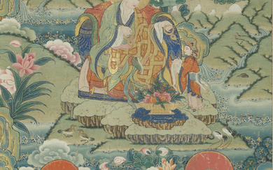 A PAINTING OF THREE ARHATS TIBET, LATE 18TH-EARLY 19TH CENTURY