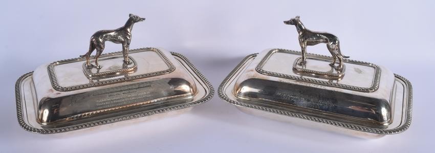 A PAIR OF 1950S SILVER PLATED GREYHOUND SERVING TUREENS