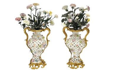 A PAIR OF 19TH CENTURY DRESDEN PORCELAIN POTPOURRI VASES WITH ORMOLU MOUNTS & FLOWERS