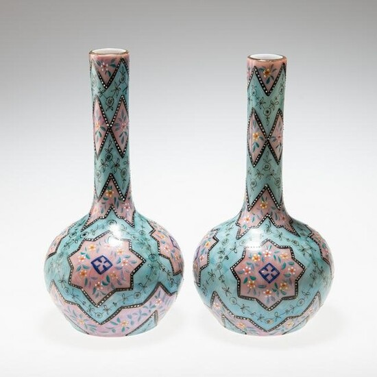 A PAIR OF 19TH CENTURY MOROCCAN WARE HARRACH GLASS BOTTLE VASES