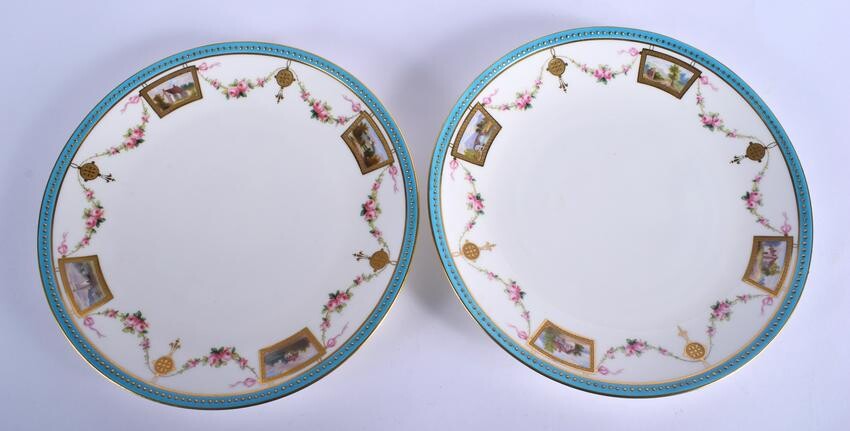 A PAIR OF ANTIQUE MINTON PLATES painted with boats and