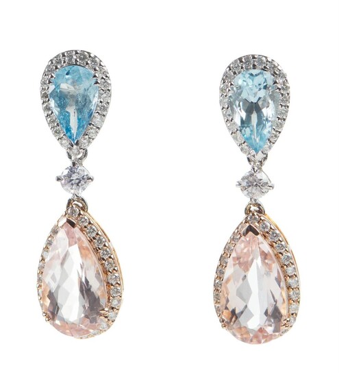 A PAIR OF AQUAMARINE, MORGANITE AND DIAMOND DROP EARRINGS IN 18CT WHITE AND ROSE GOLD, TO POST AND BUTTERFLY FITTINGS, LENGTH 30MM,...