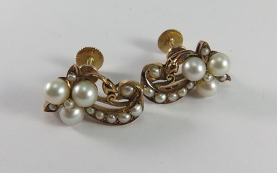 A PAIR OF CULTURED PEARL AND GOLD FOLIATE EARRINGS