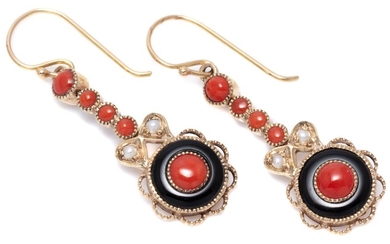 A PAIR OF DECO STYLE STONE SET EARRINGS; 9ct gold target drops each set with a coral bead and ring of onyx to line drop of seed pear...