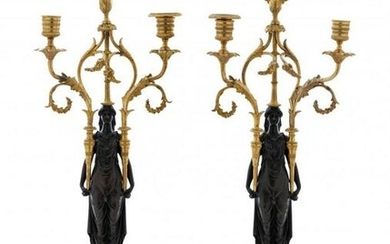 A PAIR OF EMPIRE BRONZE AND MARBLE CANDELABRA