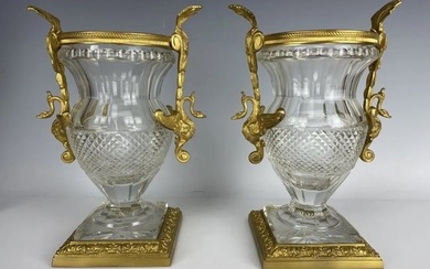 A PAIR OF EMPIRE STYLE DORE BRONZE AND BACCARAT CRYSTALVASES