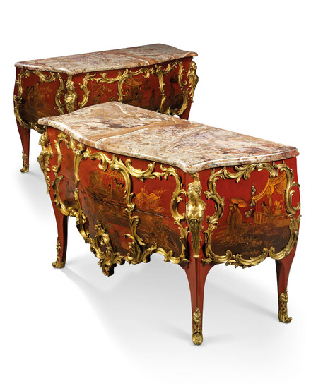 A PAIR OF FRENCH ORMOLU-MOUNTED RED LACQUER BOMBE COMMODES, OF LOUIS XV STYLE, THE ORMOLU MOUNTS SECOND-HALF 19TH CENTURY, THE CARCASSES POSSIBLY INCORPORATING EARLIER ELEMENTS