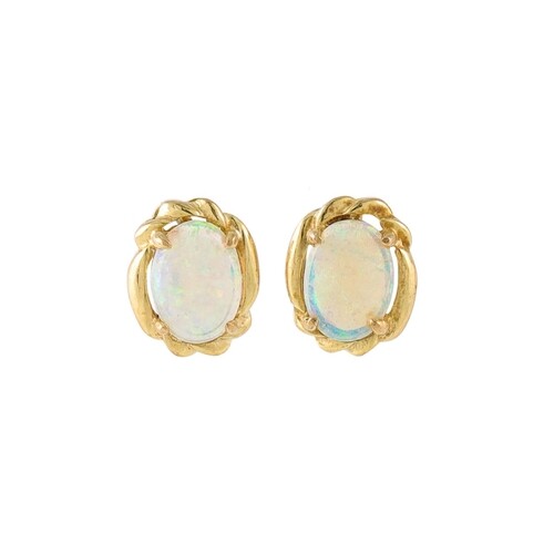 A PAIR OF OPAL SET EARRINGS, in 9ct gold