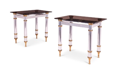 A PAIR OF POLISHED ALUMINIUM AND BRASS MOUNTED CONSOLE OR SIDE TABLES IN THE MANNER OF MAISON JANSEN