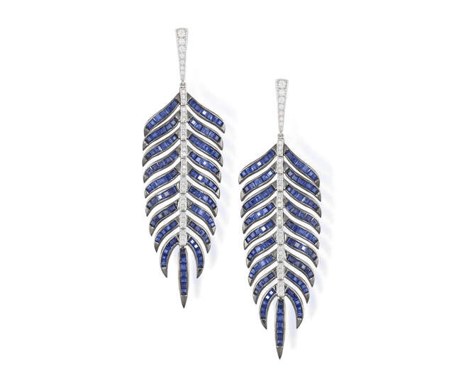 A PAIR OF SAPPHIRE AND DIAMOND PENDENT EARRINGS...