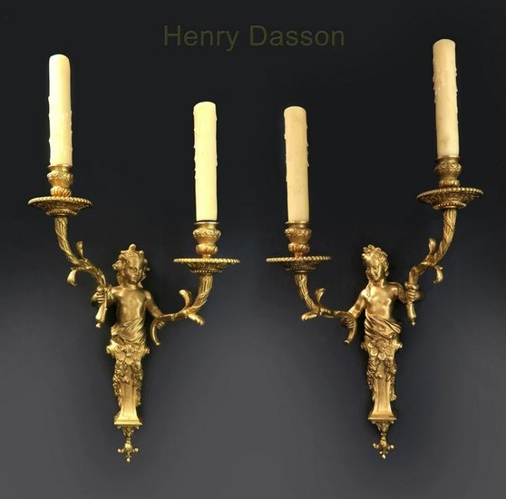 A Pair Of Henry Dasson Figural Bronze Sconces