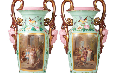 A Pair of Continental Porcelain Urns with Hand Painted and Transfer Decoration