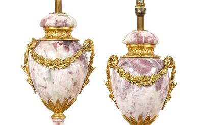 A Pair of Gilt-Metal-Mounted Pink and White Variegated Marble Lamp...