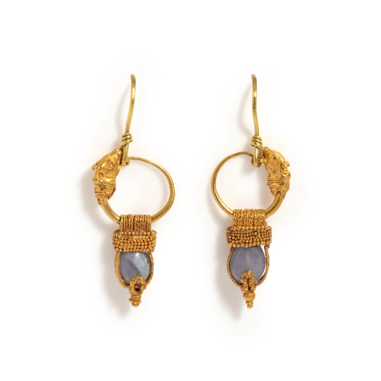 A Pair of Greek Gold and Chalcedony Earrings with Goat Heads