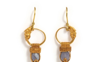 A Pair of Greek Gold and Chalcedony Earrings with Goat Heads