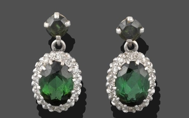 A Pair of Green Tourmaline and Diamond Cluster Drop Earrings,...